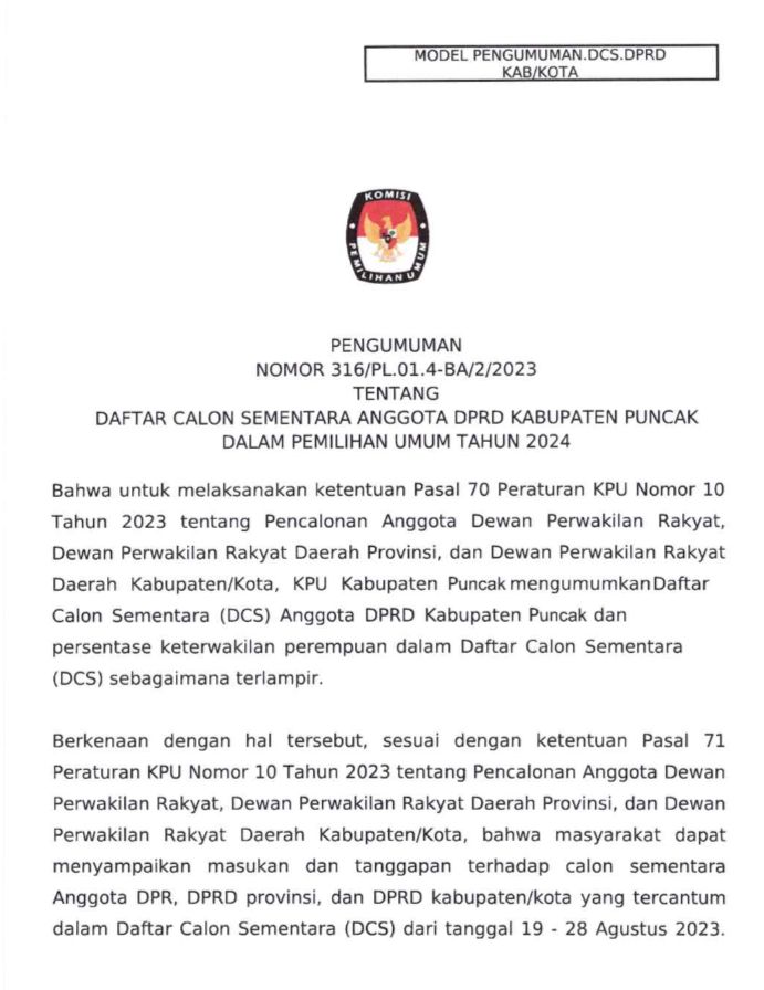 Berita Daftar Calon Sementara Anggota Dprd Kabupaten Puncak Dalam