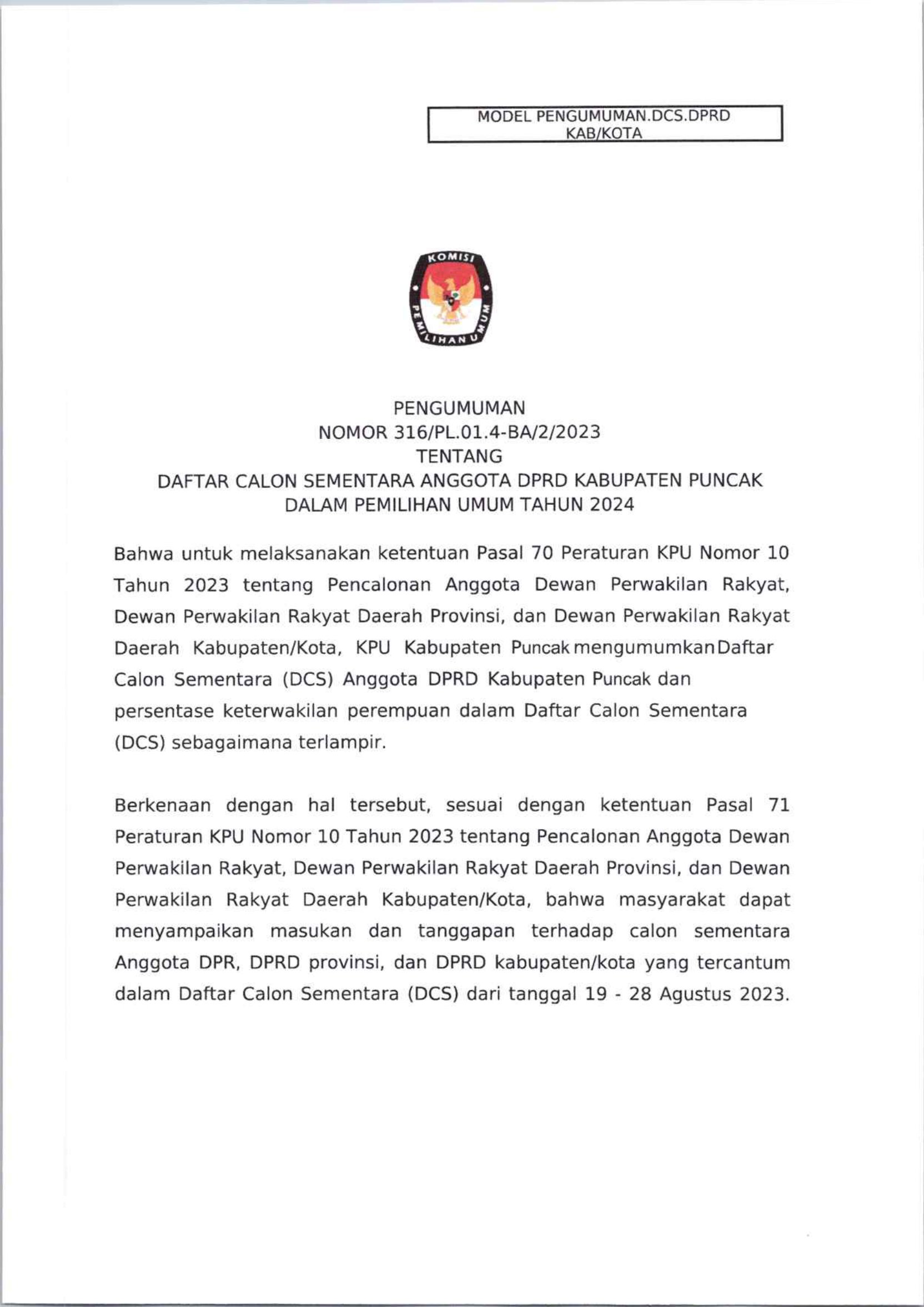 BERITA ACARA PENGUMUMAN DCS KPU PUNCAK